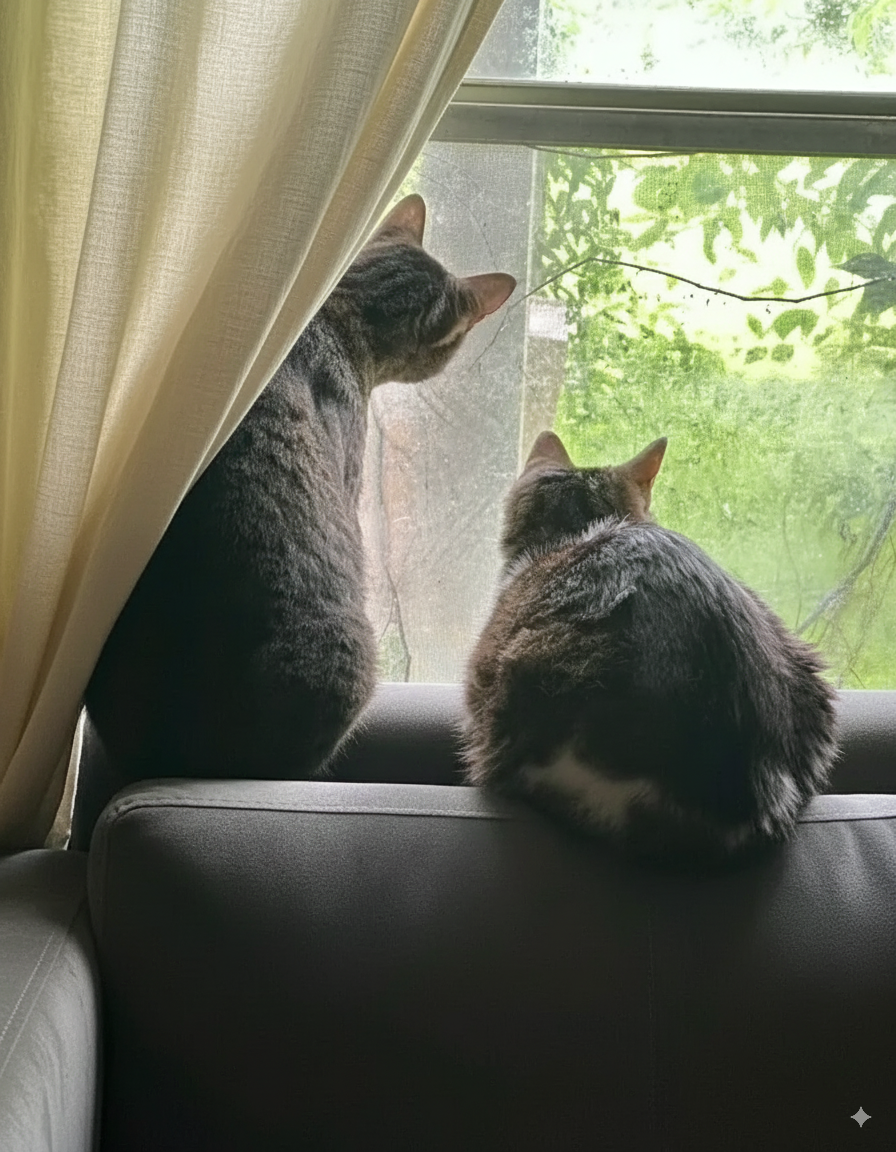 Momo and Gumball looking out the window