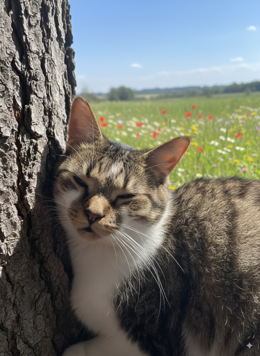 Momo sleeping against a tree