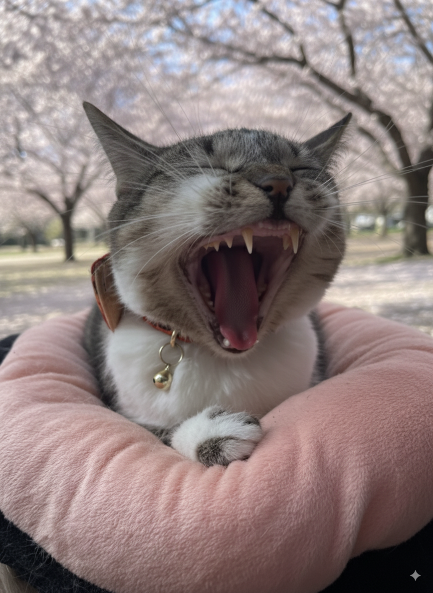Momo yawning under the cherry blossoms