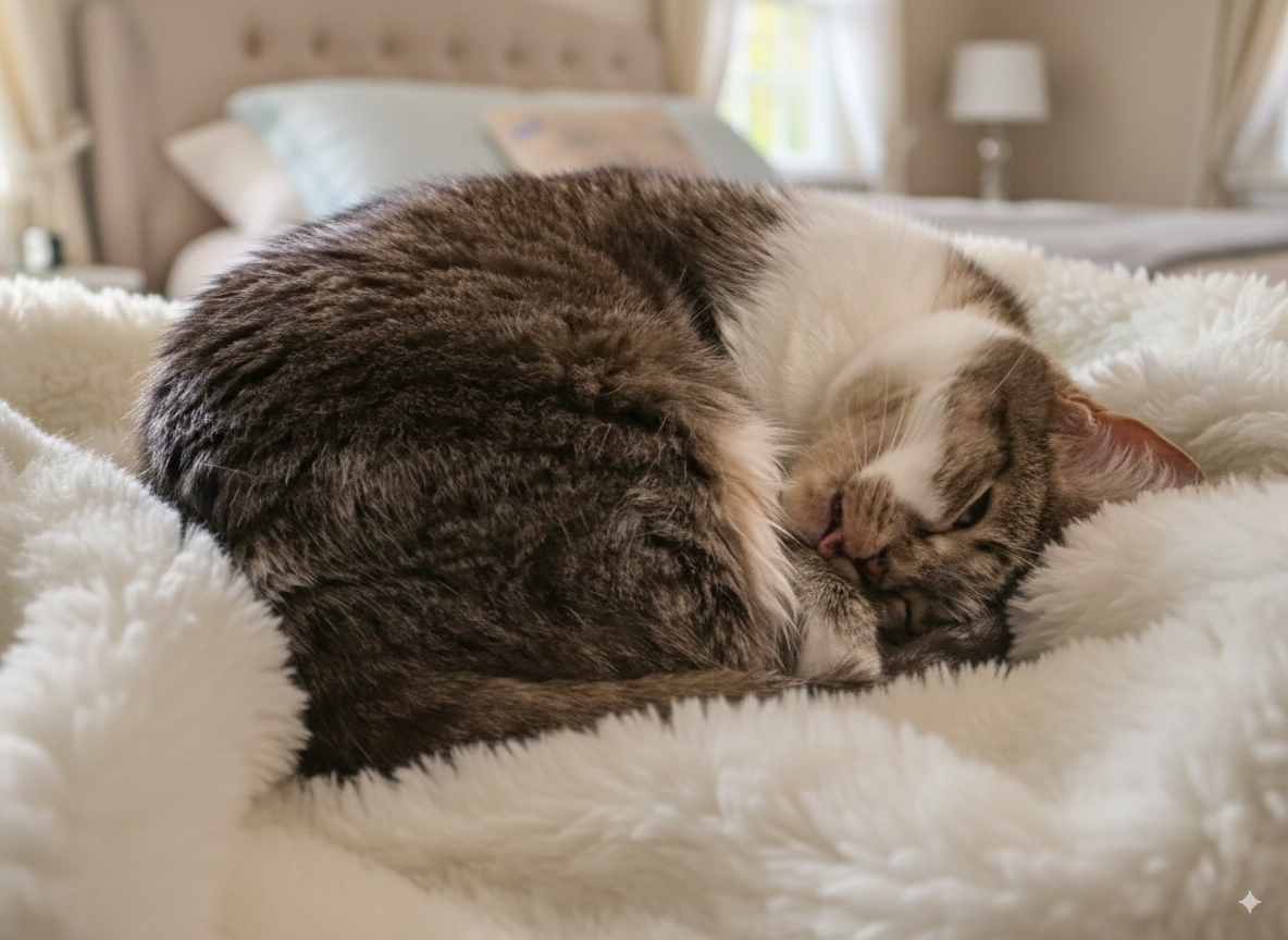 Momo napping in a fluffy blanket