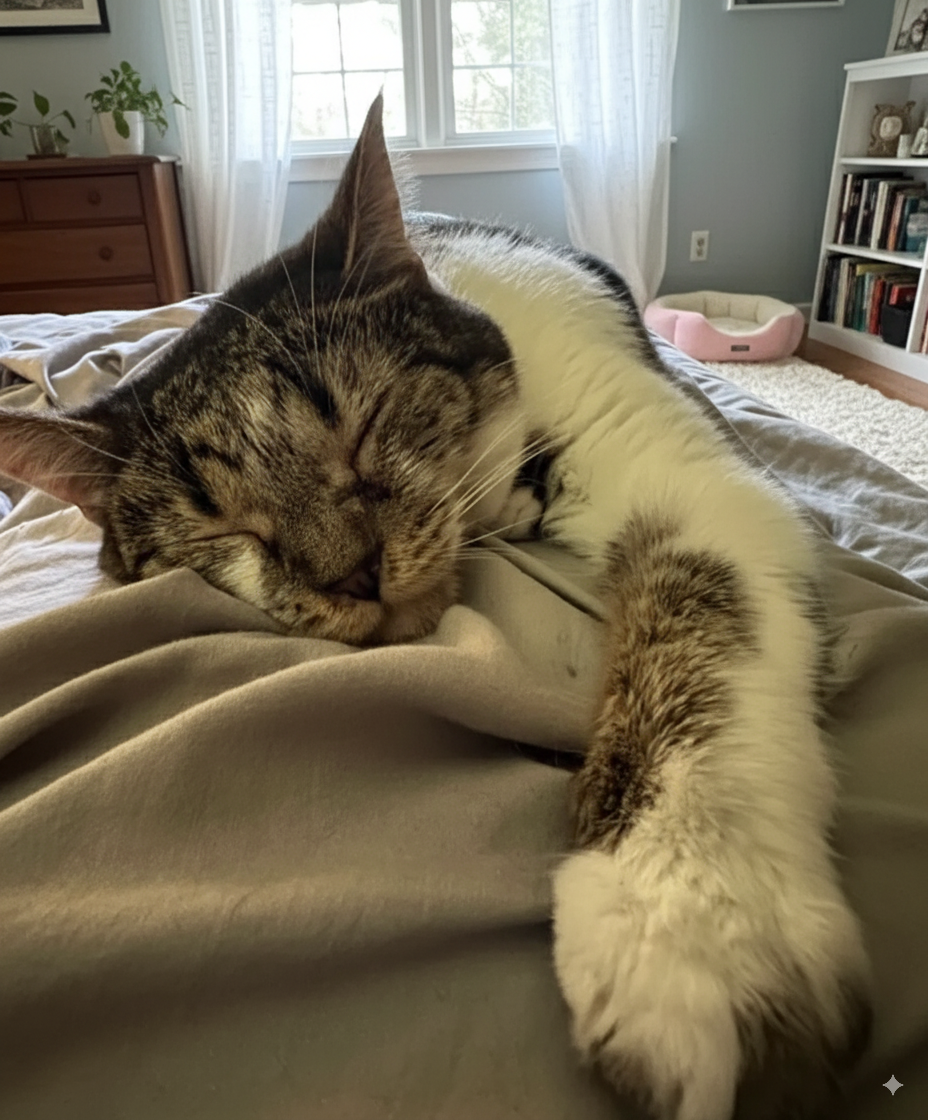 Momo sampling the human-shaped bed